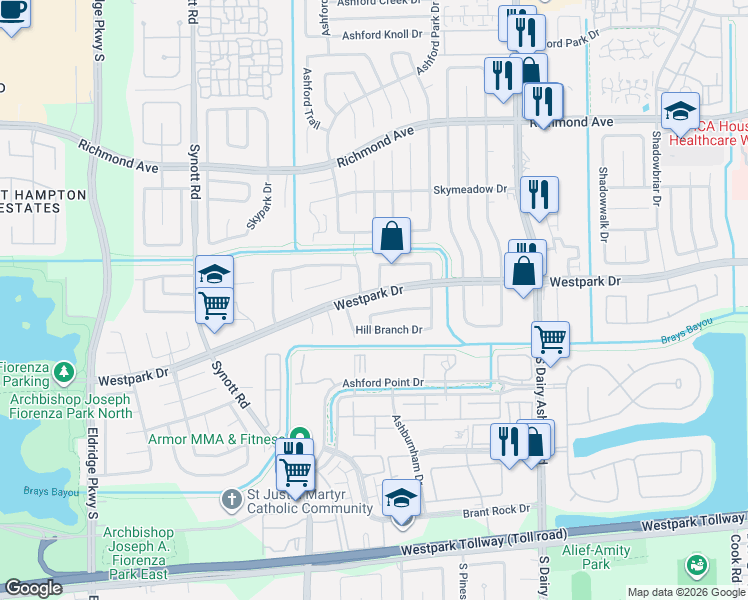 map of restaurants, bars, coffee shops, grocery stores, and more near 12809 Sunset Dune Drive in Houston