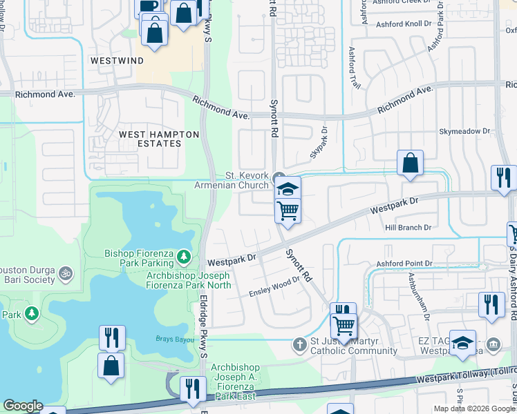 map of restaurants, bars, coffee shops, grocery stores, and more near 13123 Creekview Park Drive in Houston
