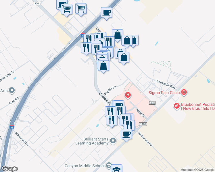 map of restaurants, bars, coffee shops, grocery stores, and more near Creekside Crossing in New Braunfels