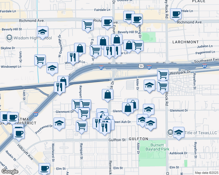 map of restaurants, bars, coffee shops, grocery stores, and more near 5402 Renwick Drive in Houston