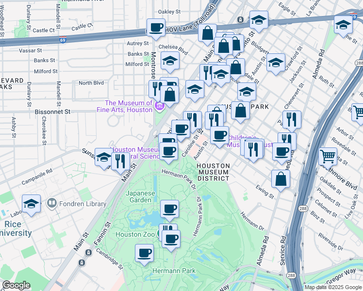 map of restaurants, bars, coffee shops, grocery stores, and more near 5801 Caroline Street in Houston