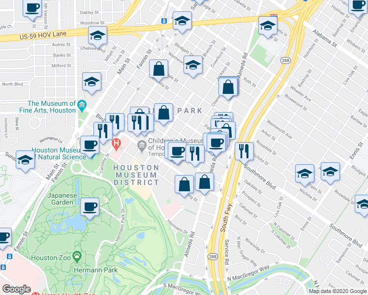 map of restaurants, bars, coffee shops, grocery stores, and more near Chenevert St & Prospect St in Houston