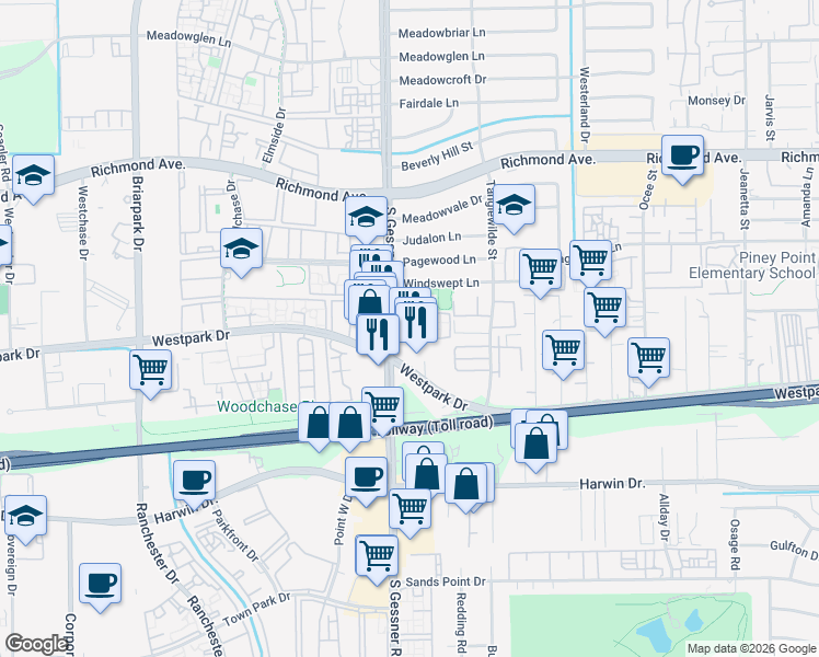 map of restaurants, bars, coffee shops, grocery stores, and more near 3777 South Gessner Road in Houston