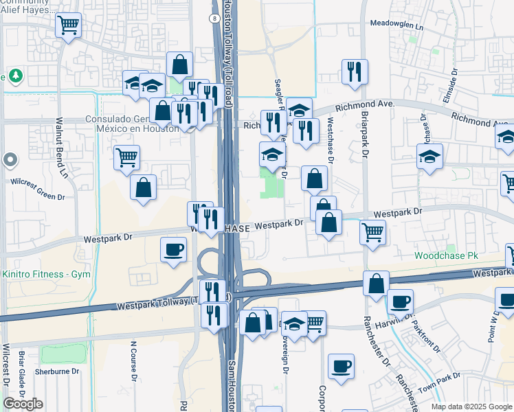 map of restaurants, bars, coffee shops, grocery stores, and more near 10570 Westpark Drive in Houston
