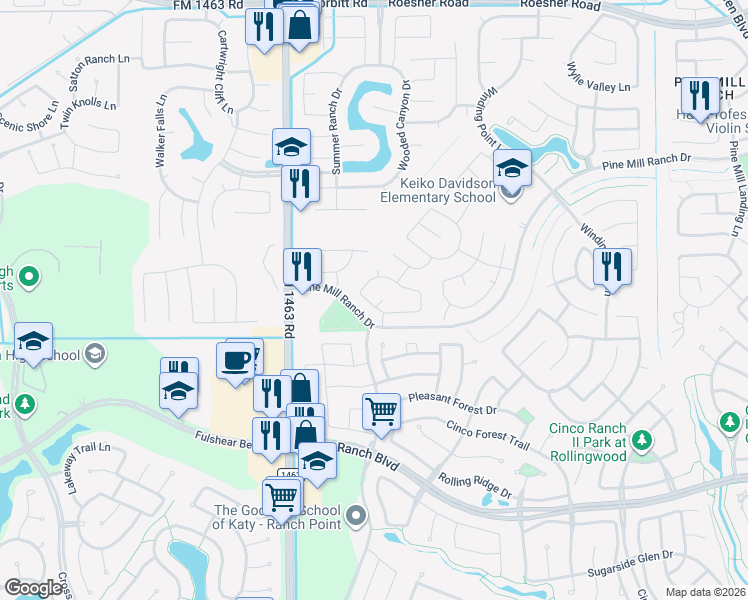 map of restaurants, bars, coffee shops, grocery stores, and more near 27203 Naples Run Lane in Katy