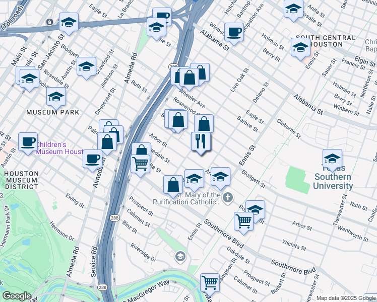 map of restaurants, bars, coffee shops, grocery stores, and more near 2604 Arbor Street in Houston
