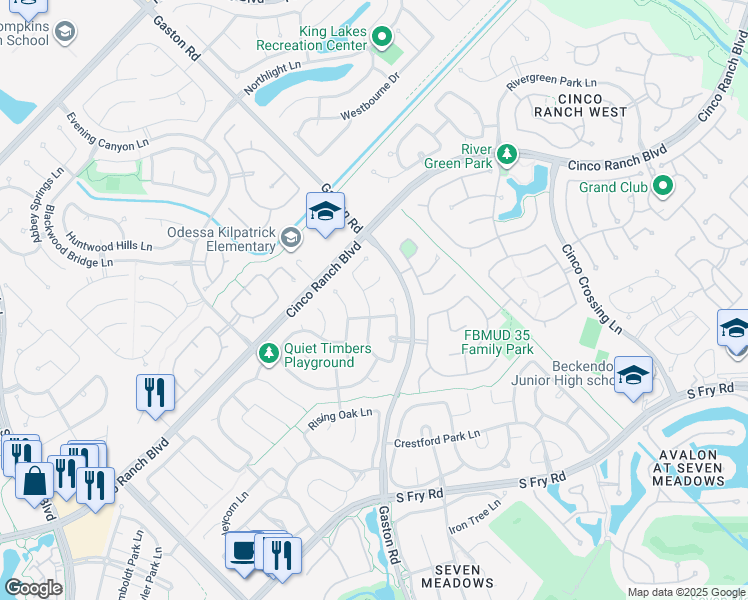 map of restaurants, bars, coffee shops, grocery stores, and more near 5031 Big Meadow Lane in Katy
