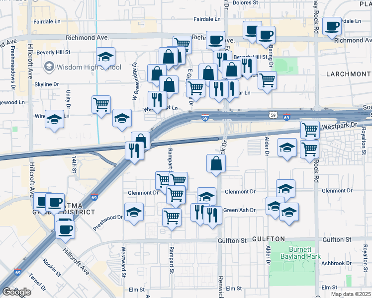 map of restaurants, bars, coffee shops, grocery stores, and more near 5402 Renwick Drive in Houston