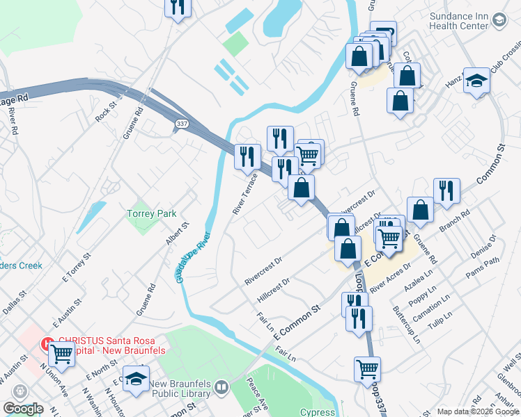 map of restaurants, bars, coffee shops, grocery stores, and more near 1273 River Terrace in New Braunfels