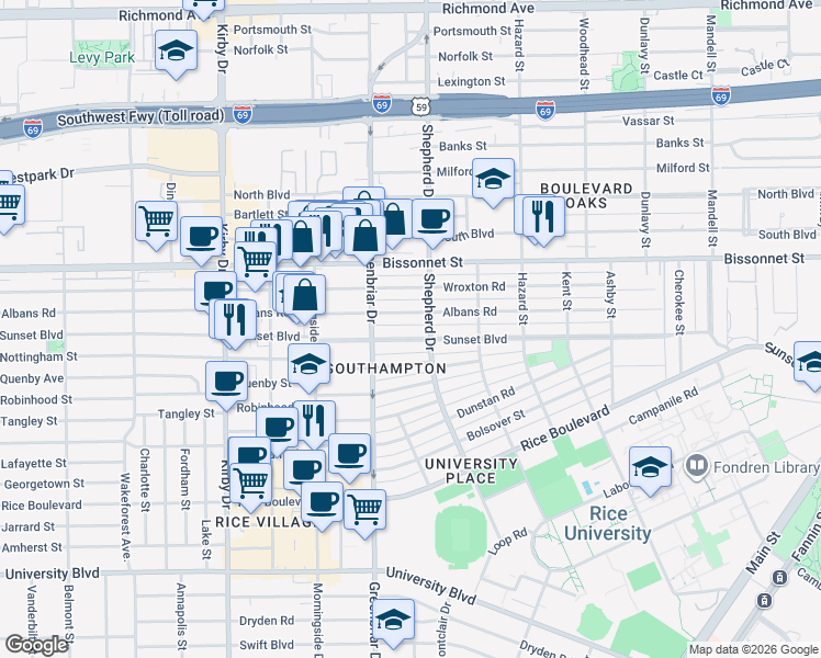 map of restaurants, bars, coffee shops, grocery stores, and more near 2234 Albans Road in Houston