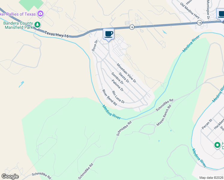 map of restaurants, bars, coffee shops, grocery stores, and more near 303 Rio Luna Drive in Bandera
