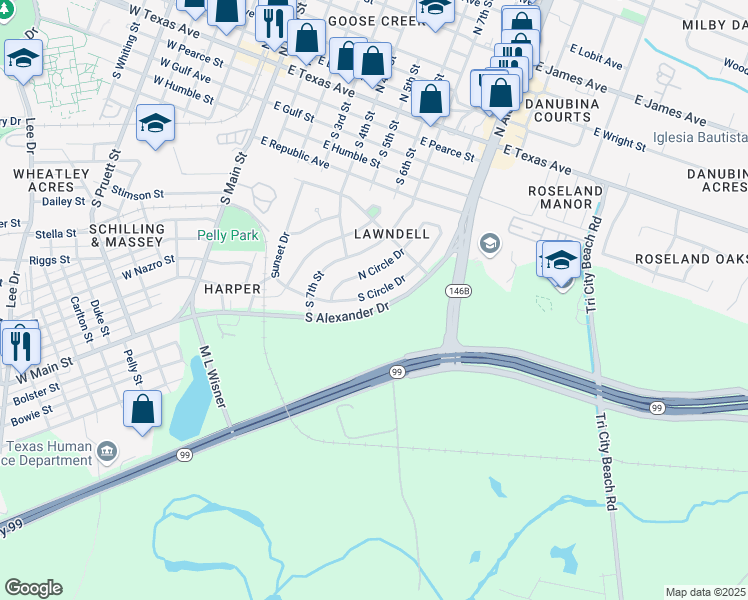 map of restaurants, bars, coffee shops, grocery stores, and more near 800 South Circle Drive in Baytown