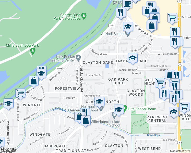 map of restaurants, bars, coffee shops, grocery stores, and more near 15223 Lucky Star Drive in Houston