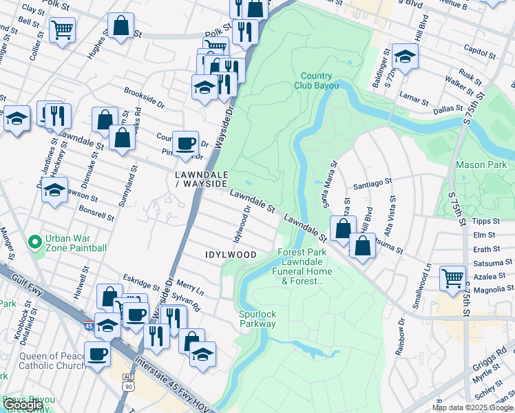 map of restaurants, bars, coffee shops, grocery stores, and more near in Houston