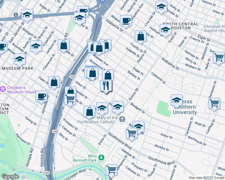 map of restaurants, bars, coffee shops, grocery stores, and more near 2611 Blodgett Street in Houston