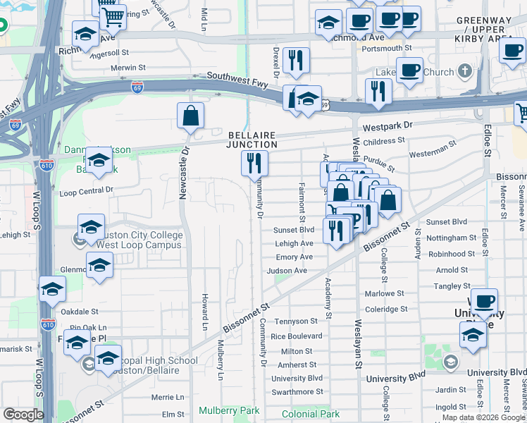 map of restaurants, bars, coffee shops, grocery stores, and more near 4248 Albans Road in Houston