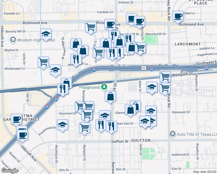 map of restaurants, bars, coffee shops, grocery stores, and more near 5402 Renwick Drive in Houston
