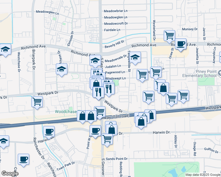 map of restaurants, bars, coffee shops, grocery stores, and more near 3777 South Gessner Road in Houston