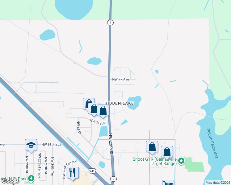 map of restaurants, bars, coffee shops, grocery stores, and more near 2147 Northwest 76th Place in Gainesville