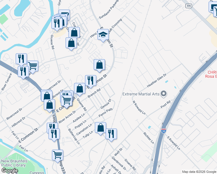 map of restaurants, bars, coffee shops, grocery stores, and more near 302 Branch Road in New Braunfels