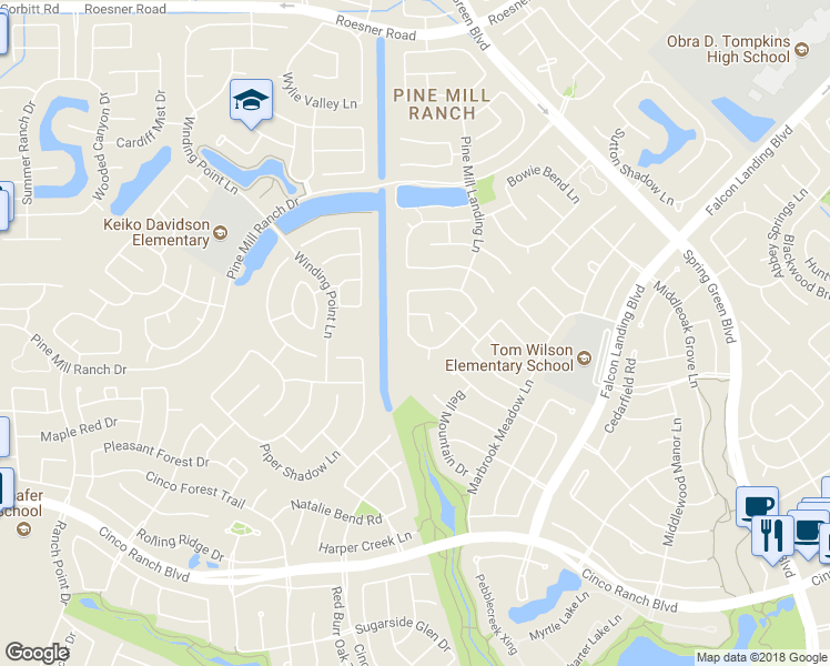 map of restaurants, bars, coffee shops, grocery stores, and more near 4119 Elk Bluff Lane in Katy