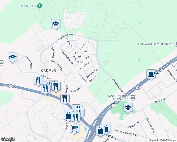 map of restaurants, bars, coffee shops, grocery stores, and more near 2233 Hoja Avenue in New Braunfels