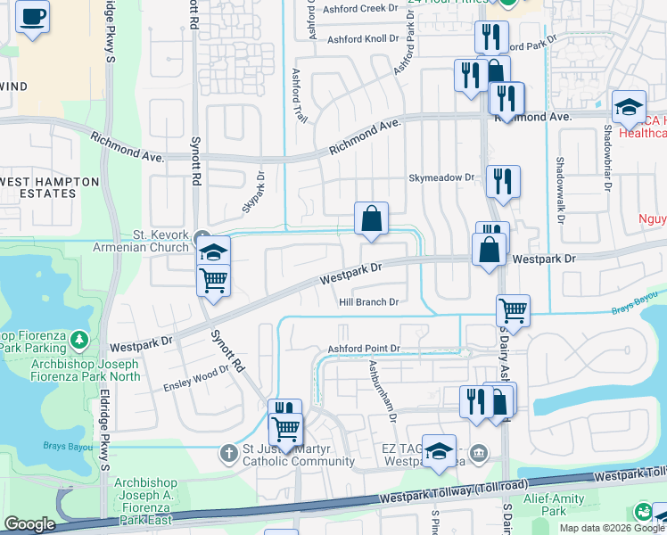 map of restaurants, bars, coffee shops, grocery stores, and more near 12807 Maxfield Drive in Houston