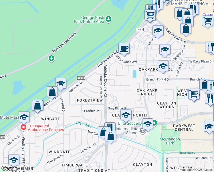 map of restaurants, bars, coffee shops, grocery stores, and more near 3307 Honey Creek Drive in Houston