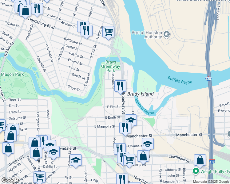 map of restaurants, bars, coffee shops, grocery stores, and more near 320 Medina Street in Houston