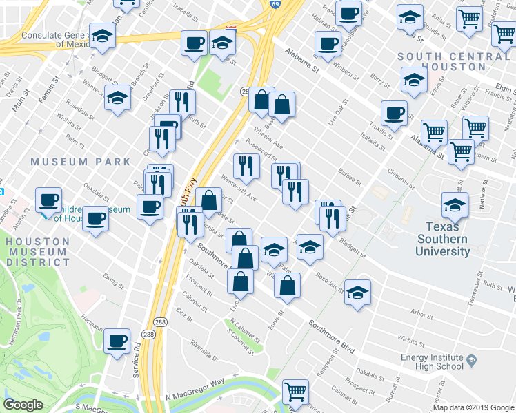 map of restaurants, bars, coffee shops, grocery stores, and more near 2441 Wentworth Street in Houston