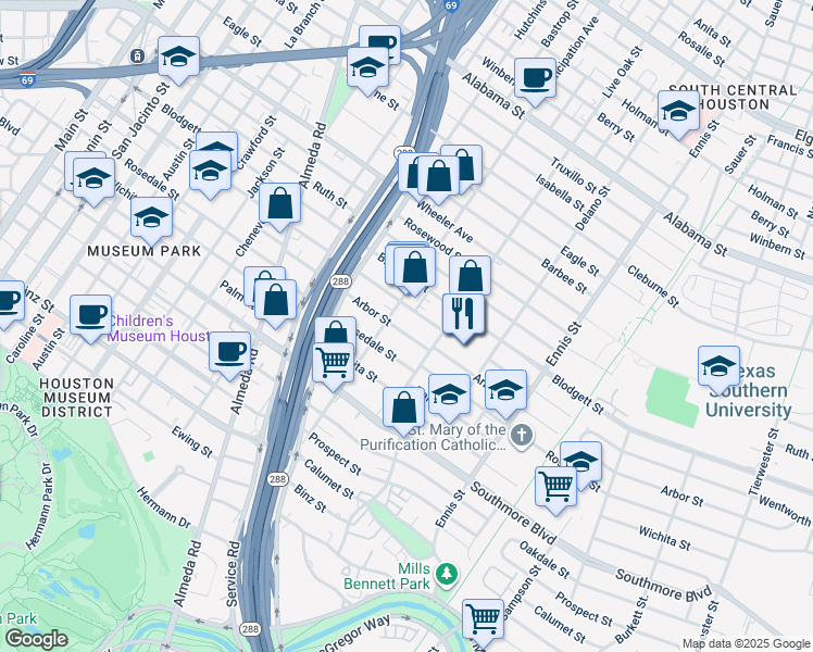 map of restaurants, bars, coffee shops, grocery stores, and more near 2402 Wentworth Street in Houston