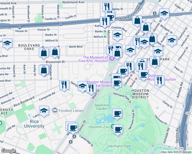 map of restaurants, bars, coffee shops, grocery stores, and more near 2 Remington Lane in Houston