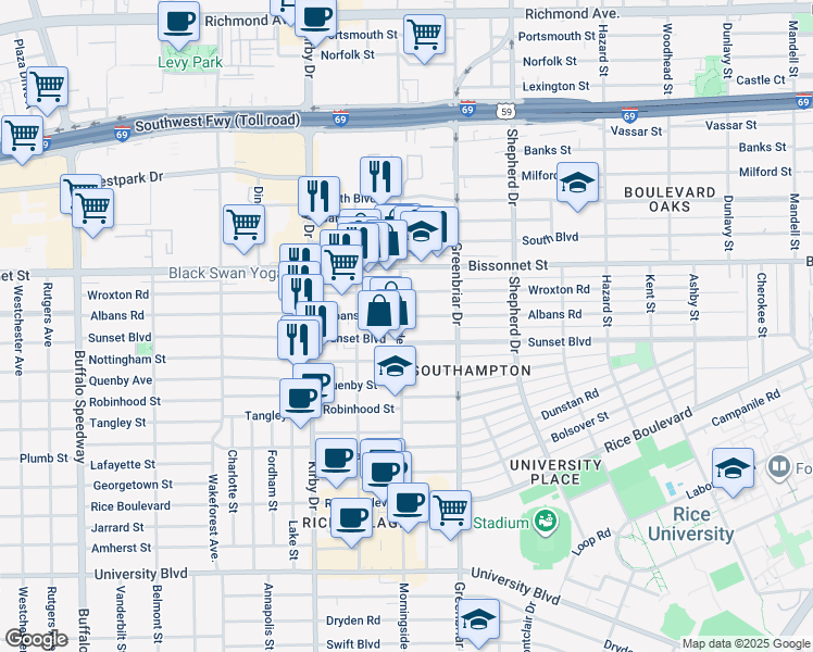 map of restaurants, bars, coffee shops, grocery stores, and more near 4618 Morningside Drive in Houston