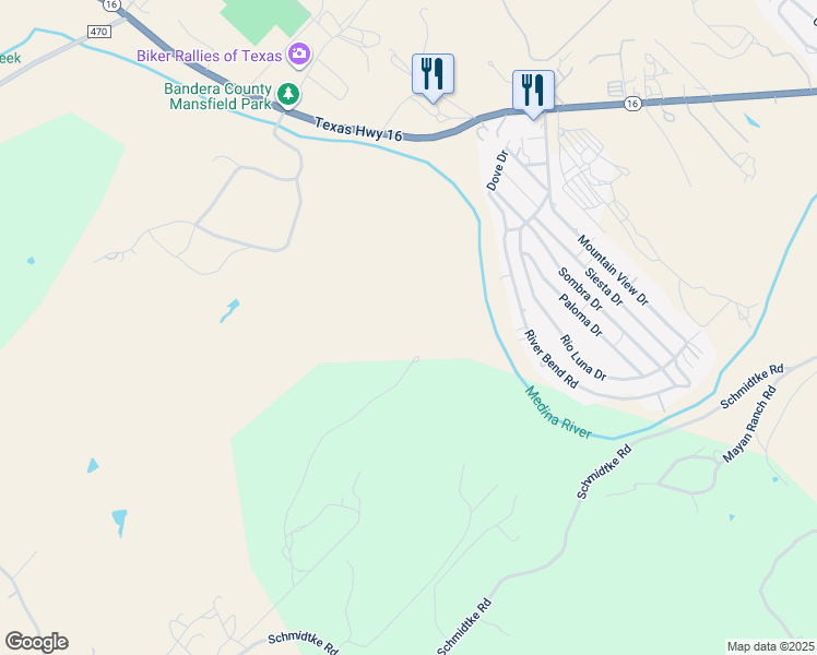 map of restaurants, bars, coffee shops, grocery stores, and more near 978 Arena Road in Bandera