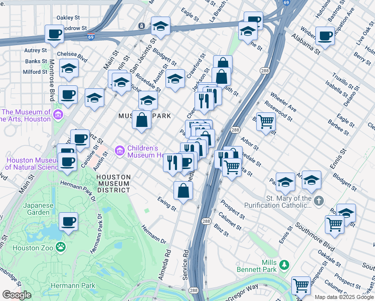 map of restaurants, bars, coffee shops, grocery stores, and more near 1842 Palm Street in Houston