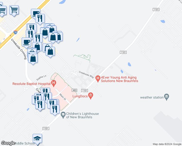 map of restaurants, bars, coffee shops, grocery stores, and more near 677 Creekside Way in New Braunfels