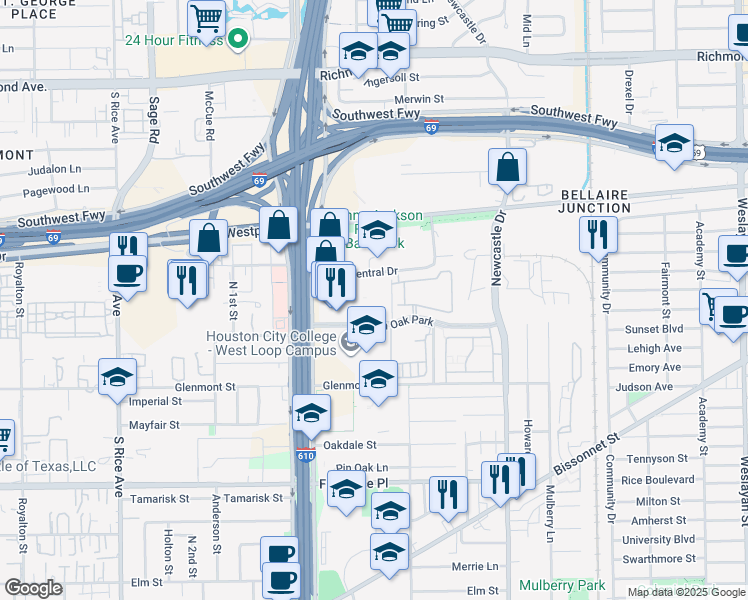 map of restaurants, bars, coffee shops, grocery stores, and more near 5445 West Loop South Freeway in Houston