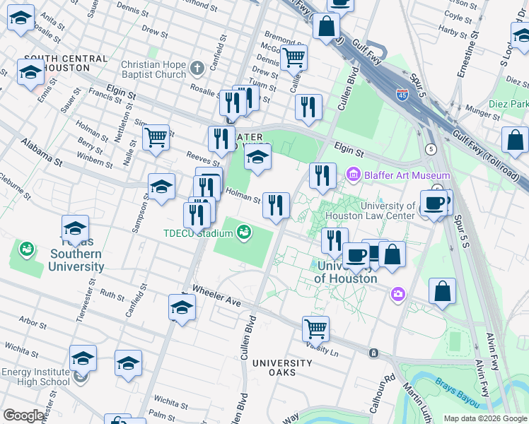 map of restaurants, bars, coffee shops, grocery stores, and more near in Houston