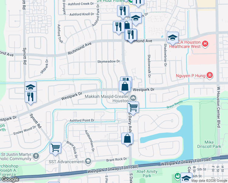 map of restaurants, bars, coffee shops, grocery stores, and more near 3439 Ashton Park Drive in Houston