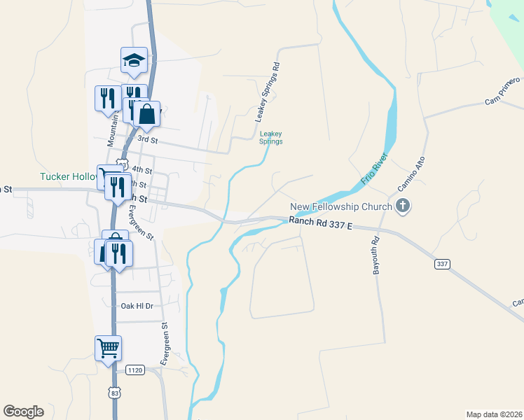 map of restaurants, bars, coffee shops, grocery stores, and more near 68 Sherman Lane in Leakey