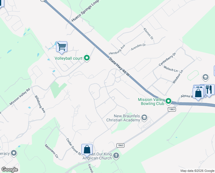 map of restaurants, bars, coffee shops, grocery stores, and more near T Bar M Drive in New Braunfels