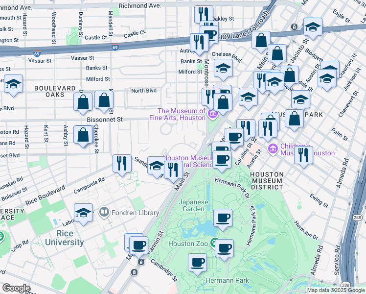 map of restaurants, bars, coffee shops, grocery stores, and more near 3 Remington Lane in Houston