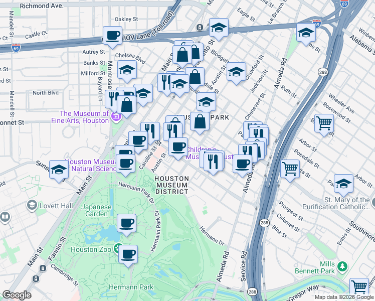 map of restaurants, bars, coffee shops, grocery stores, and more near 5504 La Branch Street in Houston
