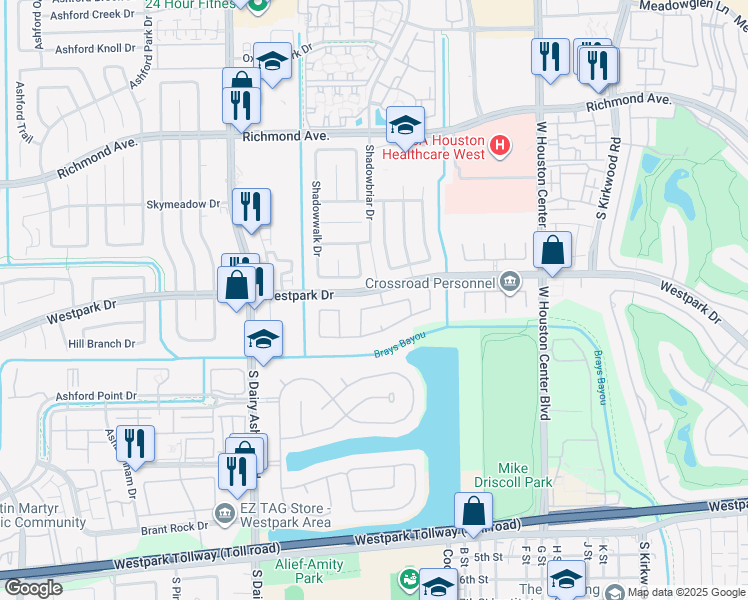 map of restaurants, bars, coffee shops, grocery stores, and more near 12338 Shadow Point Drive in Houston