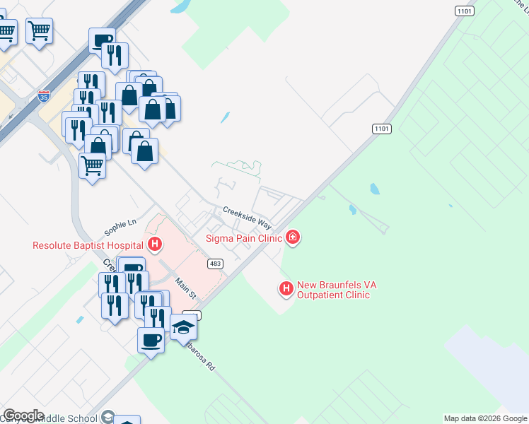 map of restaurants, bars, coffee shops, grocery stores, and more near 677 Creekside Way in New Braunfels
