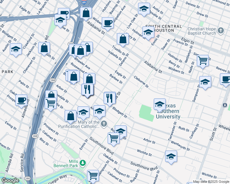 map of restaurants, bars, coffee shops, grocery stores, and more near 2817 Rosewood Street in Houston