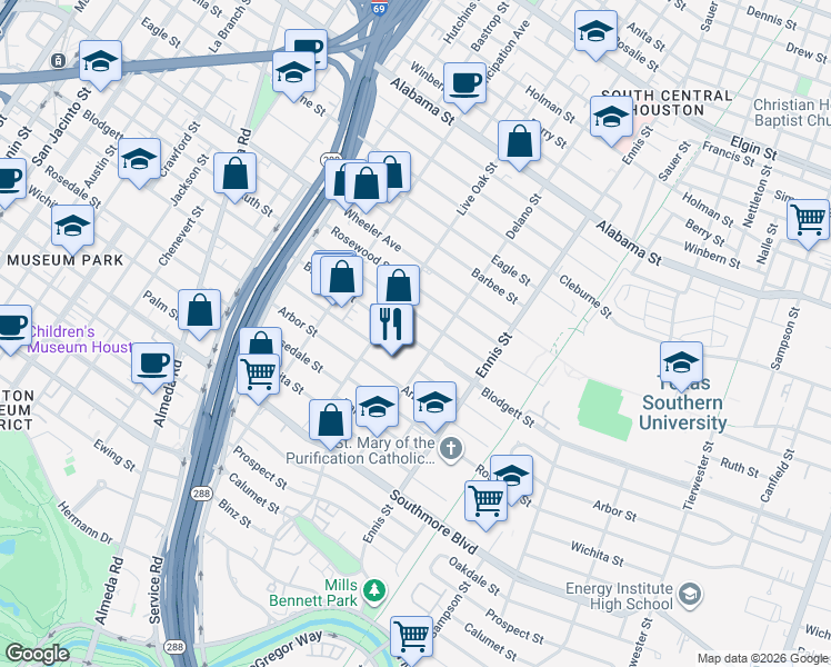 map of restaurants, bars, coffee shops, grocery stores, and more near 2611 Blodgett Street in Houston