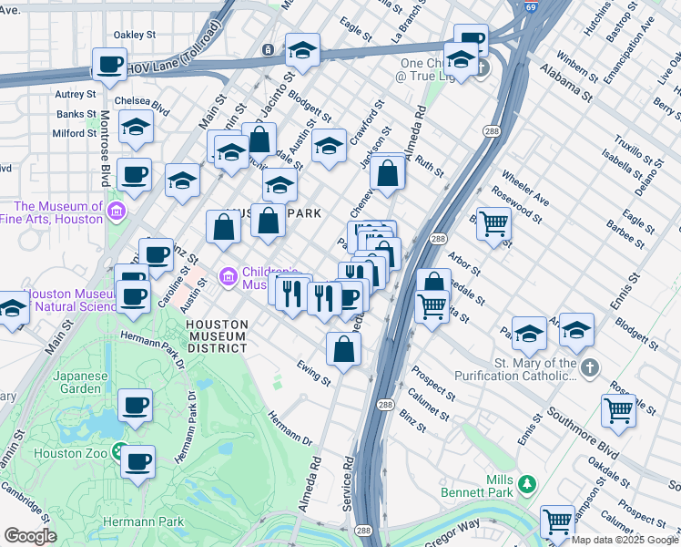 map of restaurants, bars, coffee shops, grocery stores, and more near 1810 Southmore Boulevard in Houston