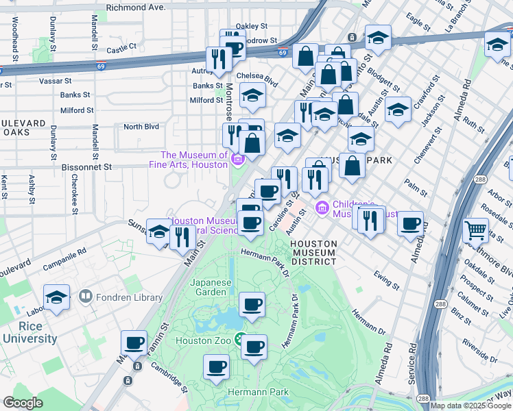 map of restaurants, bars, coffee shops, grocery stores, and more near 5701 Fannin Street in Houston