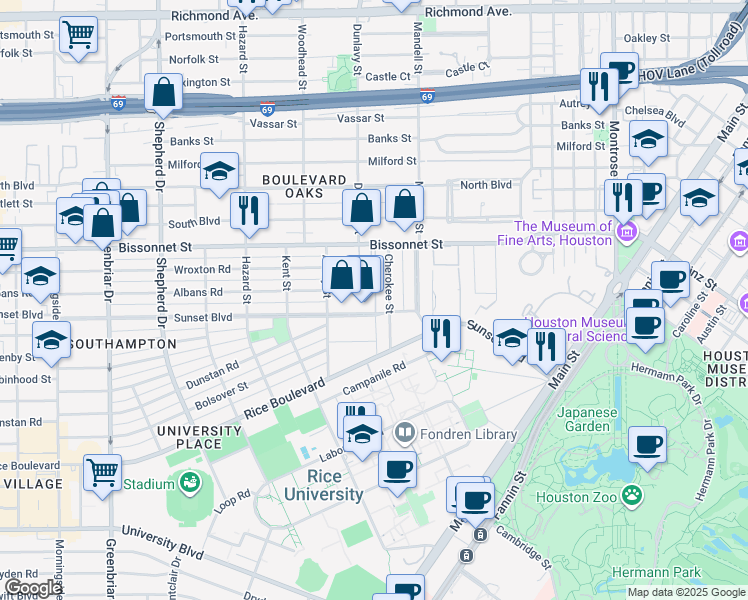 map of restaurants, bars, coffee shops, grocery stores, and more near 1704 Albans Road in Houston